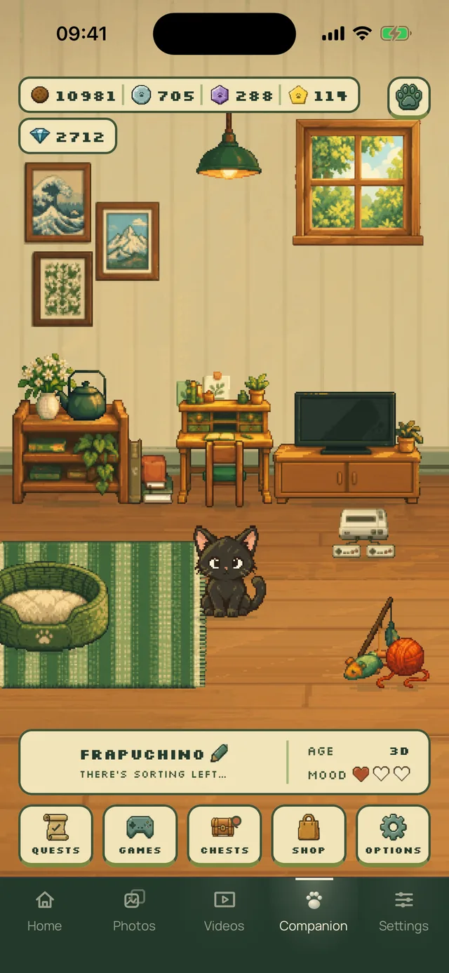 The Companion tab: a pixel-art living room where a small black cat sits on the parquet, with its name, age and mood, and buttons for quests, games, chests, the shop and options