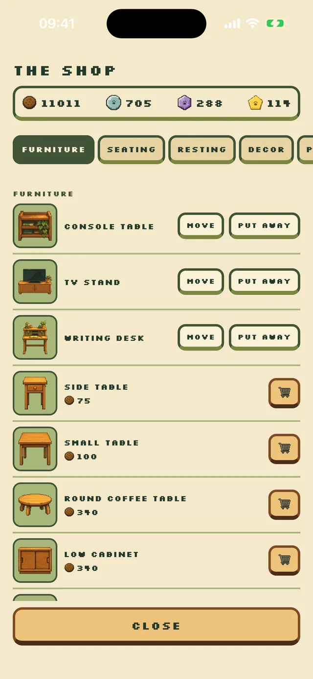 The shop: pixel-art furniture with prices in crocks, and buttons to move or put away what you own