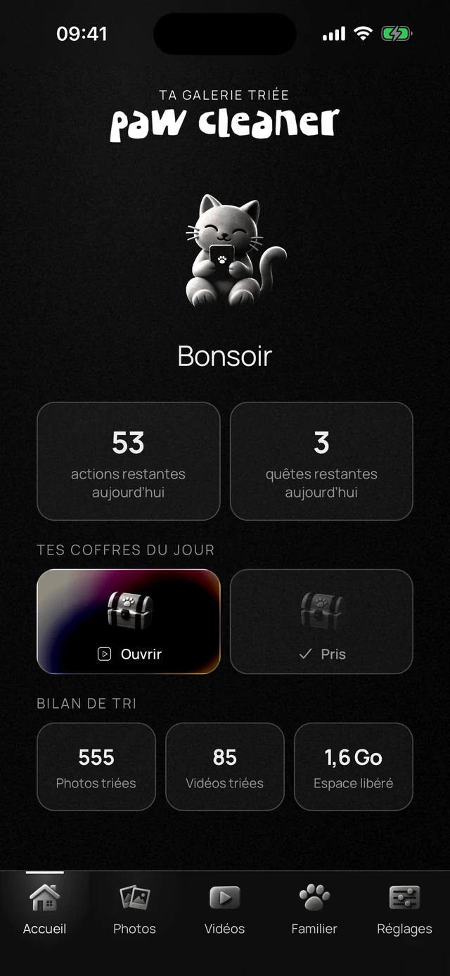 L'accueil de l'app : le chat en 3D avec son téléphone, les actions et les quêtes du jour, les coffres du jour et le bilan de tri