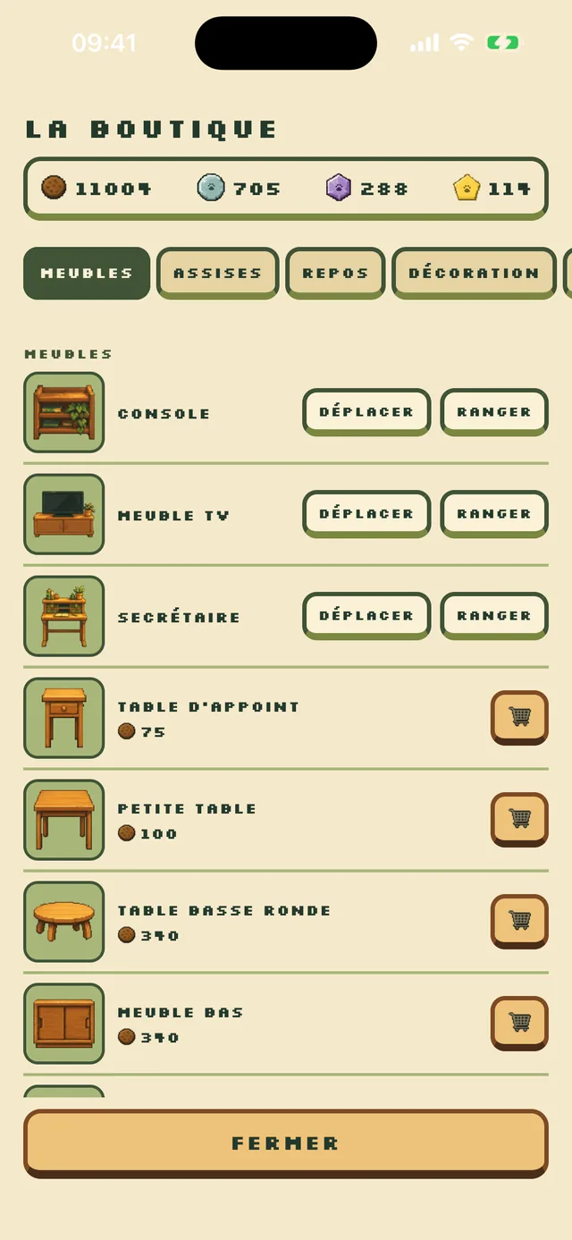 La boutique : des meubles en pixel art avec leur prix en crocks, et des boutons pour déplacer ou ranger ce que tu possèdes